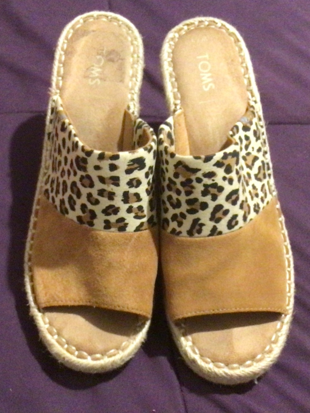Like New Toms Caramel Suede Leopard Print Wedge 7.5